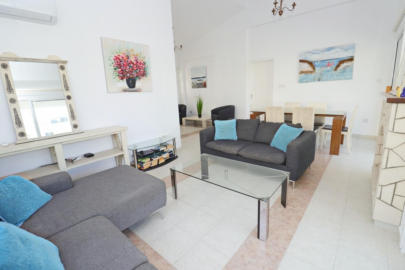 Spacious living room with modern furniture